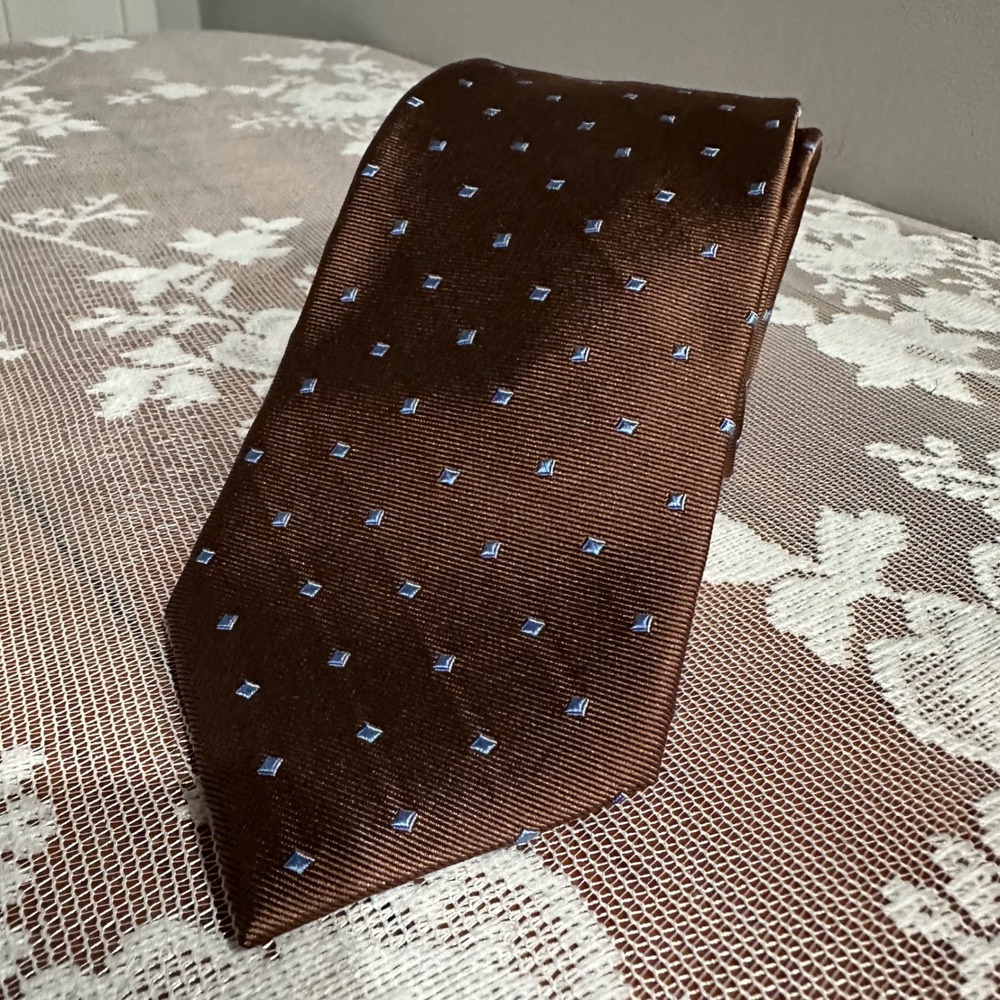 Pronto Uomo Silk Tie Mens‎ OS Brown Blue Geometric Square Ribbed Excellent